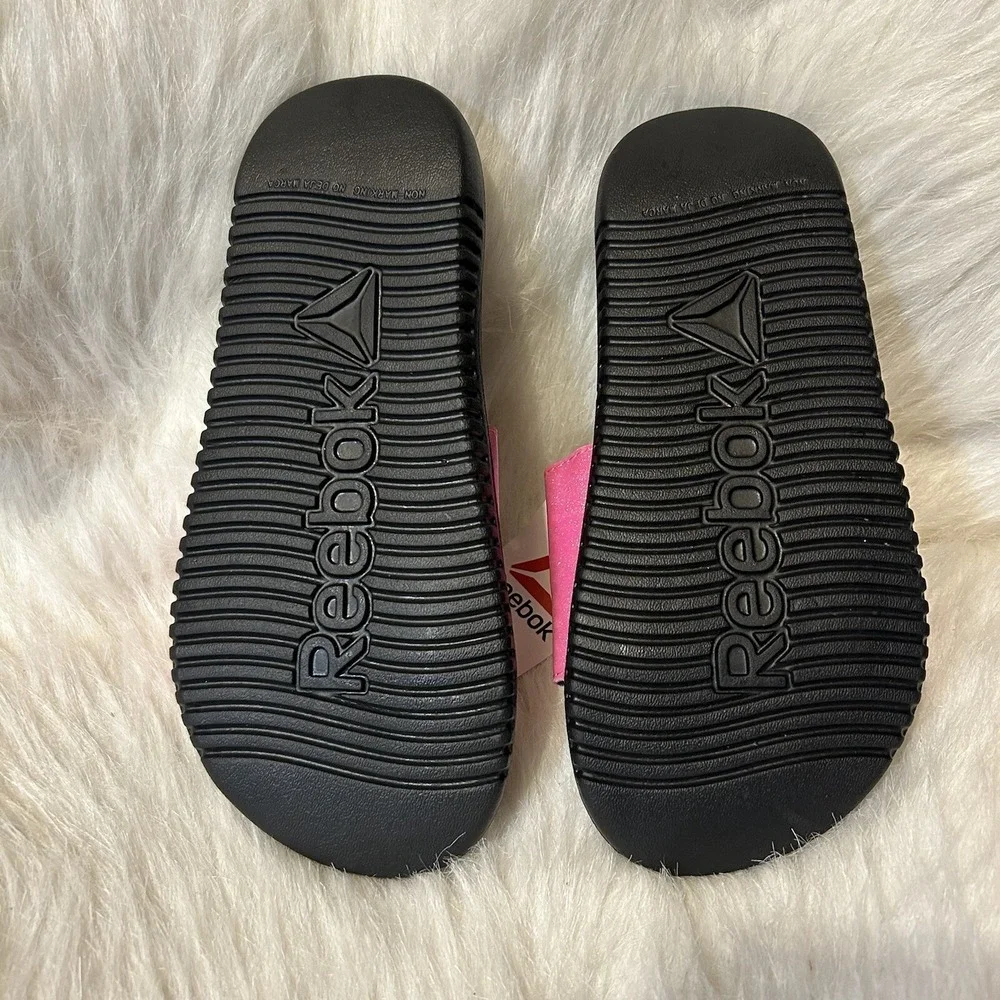 Reebok Slides‎ Girls Size 4 Pink Black Sparkly Glitter Slip On Sandals Shoes